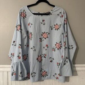 Alexander Jordan Women’s Blouse Long Ruffle Bell Sleeve Pinstripe Floral Size 1X